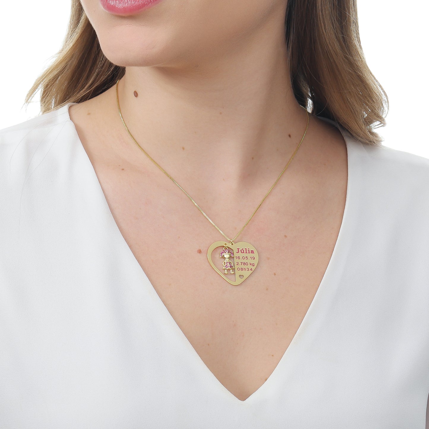 COLAR CORAÇÃO COM DADOS DA FILHA + PINGENTE BANHADO OURO 18K