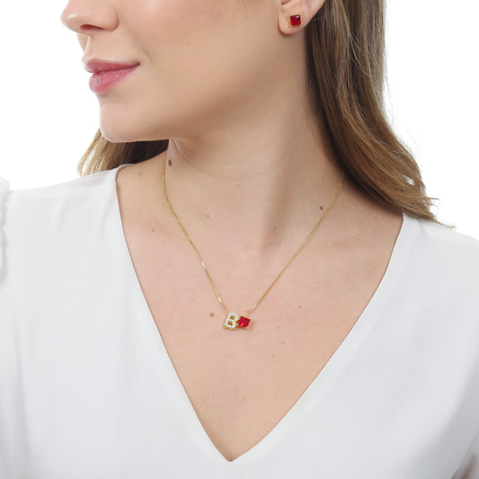 CONJUNTO PINGENTE QUADRADO RUBI + LETRA COM ZIRCÔNIAS OURO 18K