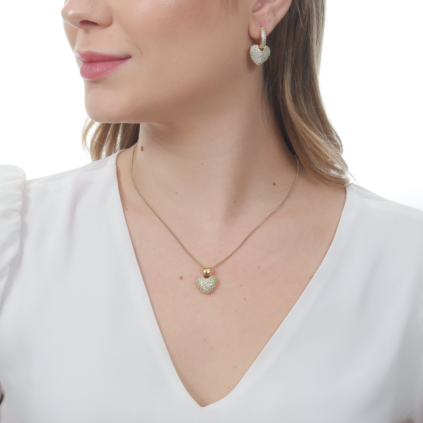 CONJUNTO BRINCO DE ARGOLA 2 EM 1 + PINGENTE COM CORAÇÃO OURO 18K