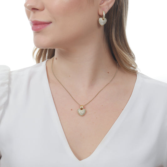 CONJUNTO BRINCO DE ARGOLA 2 EM 1 + PINGENTE COM CORAÇÃO OURO 18K