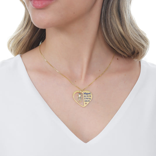 COLAR CORAÇÃO COM DADOS DA FILHO + PINGENTE BANHADO OURO 18K