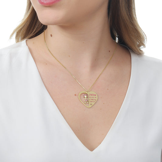 COLAR CORAÇÃO COM DADOS DA FILHA + PINGENTE  BANHADO OURO 18K