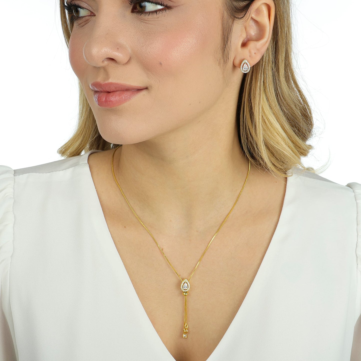 CONJUNTO GRAVATA GOTA ZIRCÔNIAS OURO 18K