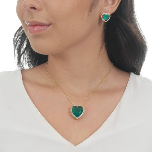 CONJUNTO CORAÇÃO MEGA LUXO VERDE TURMALINA FOSCO OURO 18K
